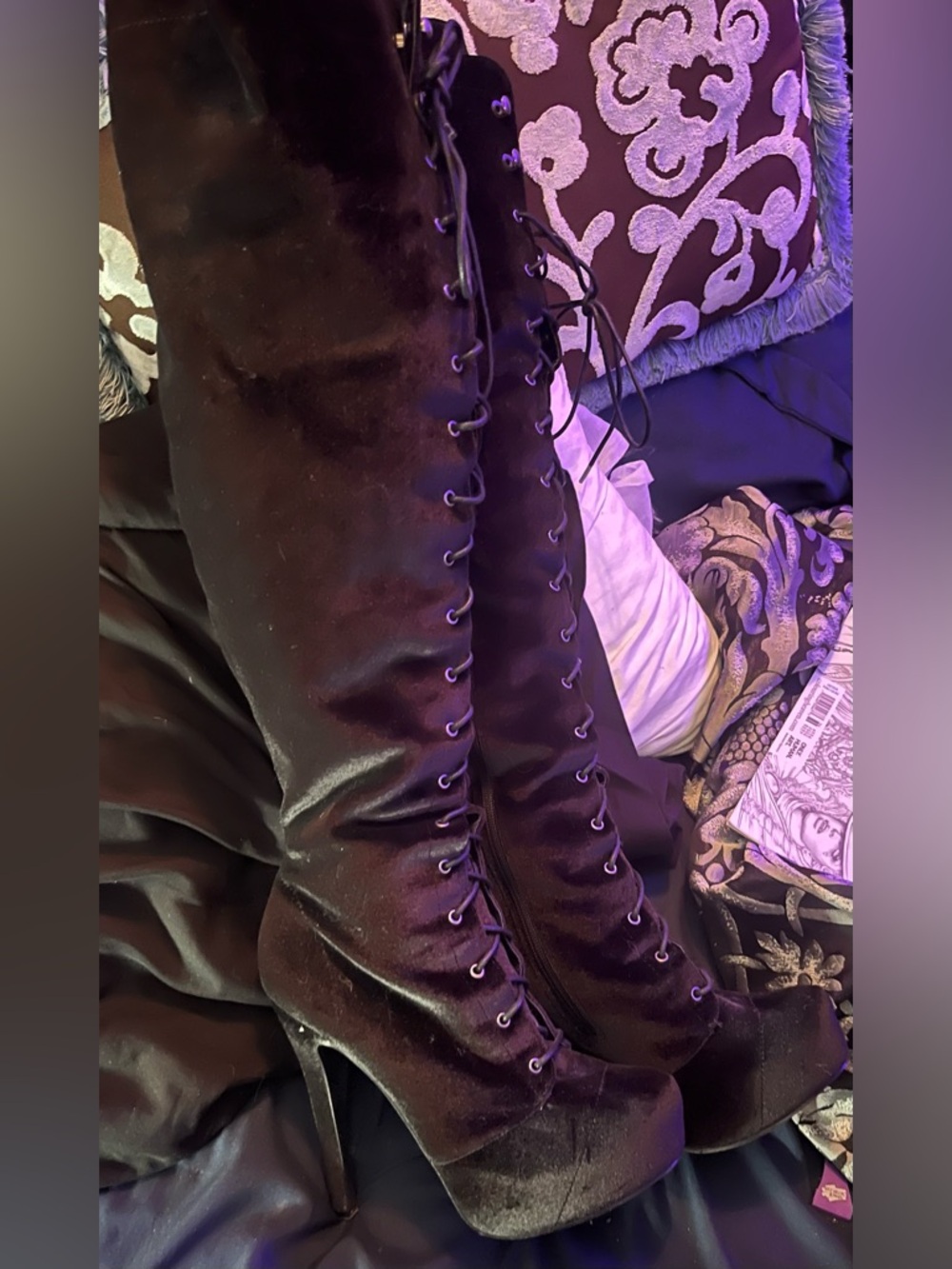 Lace-Up Over-the-Knee Velvet heeled boots in Black